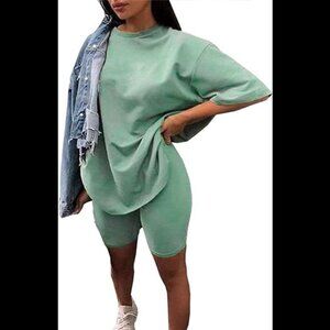 Women 2 Piece Oversized T-Shirt Tops Biker Shorts Workout Sports Tracksuit Set